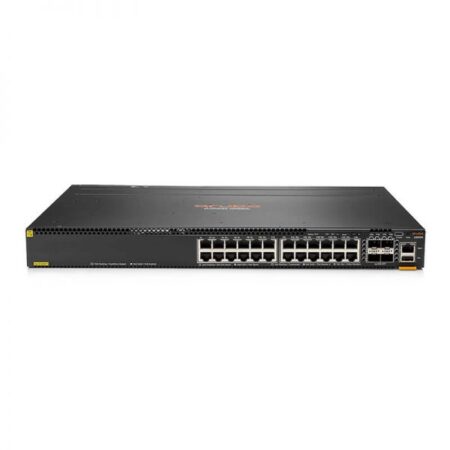Image of Aruba 6300M Series Switch featuring 24x 1GbE PoE ports and 4x SFP56 uplink ports, high-performance networking equipment.