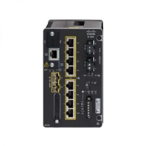 Image of Cisco Catalyst IE-3300-8P2S-E switch, featuring 8 PoE+ ports and 2 SFP slots, ideal for rugged environments.