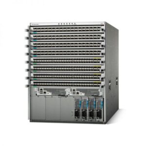 Cisco Nexus N9K-C9508 chassis front view with optional modules and cards, high-density switching solution