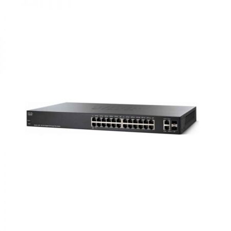 Image of Cisco SG220-26P Smart Switch showcasing the 26-port network switch with PoE, SFP slots, and 1U rack-mountable design.