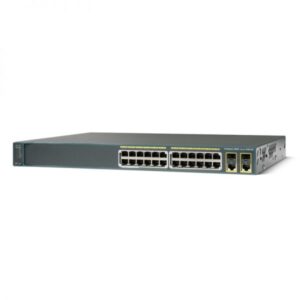Cisco 2960 switch front panel with 24 PoE ports and uplink interfaces, brand name and model visible, for network connectivity.