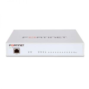 Fortinet FortiGate 80E device, showing 14 GE RJ45 ports and SFP slots, optimized for SMB network security