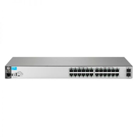 HPE Aruba 2530-24G-2SFP+ switch, model J9856A, front and back panel view with ports description