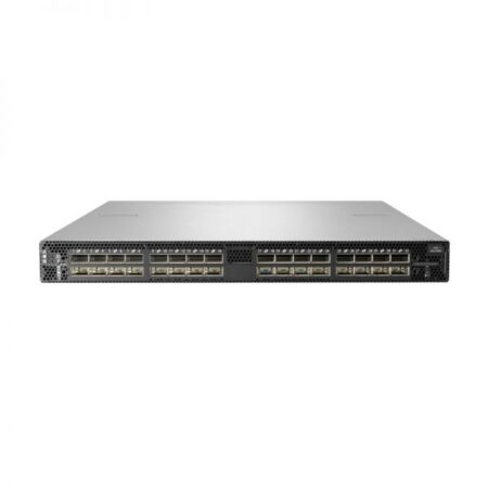Image of HPE StoreFabric SN2700M 100GbE switch with 32 QSFP28 ports, showing power-to-connector airflow system