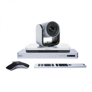 Polycom Group310-1080P video conference system with 12x zoom and omnidirectional mic in meeting room environment.