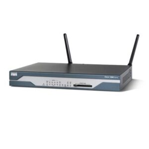 Image of CISCO1812/K9 Cisco Router showing dual Ethernet interfaces, ISDN backup, and security features