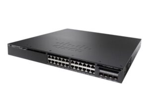 Cisco Catalyst 3650-24PD-E with POE+ ports, SFP+ uplinks highlighting advanced networking features