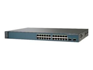 Cisco Catalyst 3560V2-24PS-S Ethernet switch showcasing 24 10/100 ports, PoE, Gigabit Ethernet, energy efficiency features, ideal for enterprise network solutions.