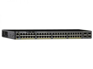 Cisco Catalyst 2960X-48FPD-L switch front panel with LEDs and ports labeled.
