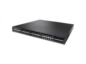Front view of Cisco Catalyst WS-C3650-48PQ-S switch, showing all 48 POE+ Ethernet ports and 4 10G SFP+ uplinks